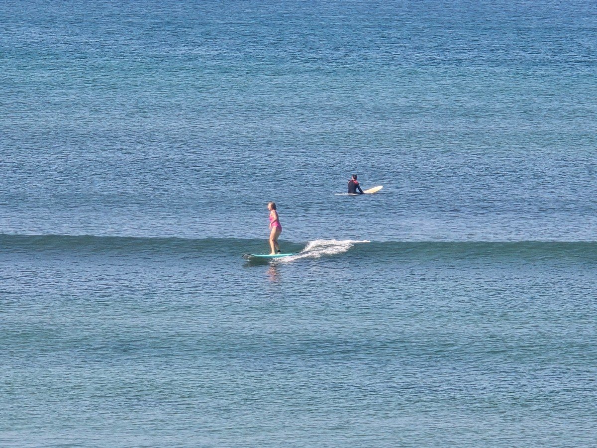 1ft waves, Light NE 10kts cross-shore wind, Air temp 23C Water temp 16.2C, High tide 15:08, Low tide 08:39, 21:21.